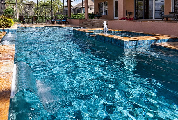 outdoor rectangular pool with fountain -pool remodel