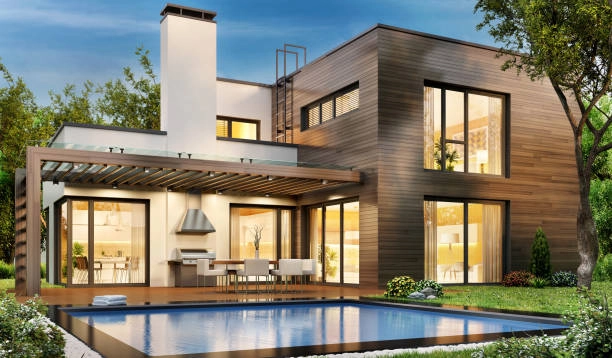 Modern two-story house with large windows, outdoor patio, and pool. - exterior home design