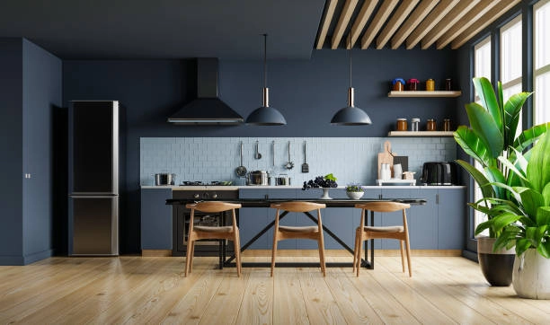 Stylish dark blue kitchen with wooden accents and green plant. -home colour design