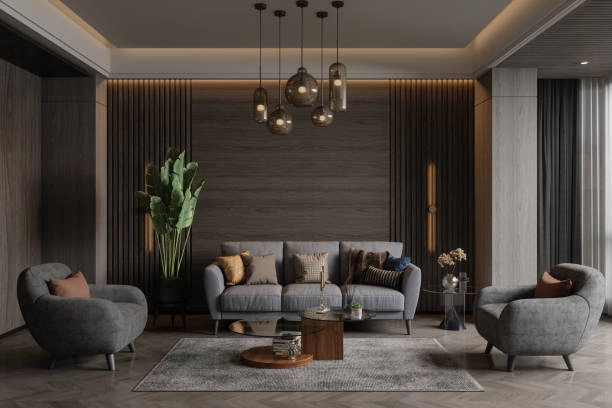 Modern living room with dark tones, stylish furniture, and soft lighting.  -architectural home designs