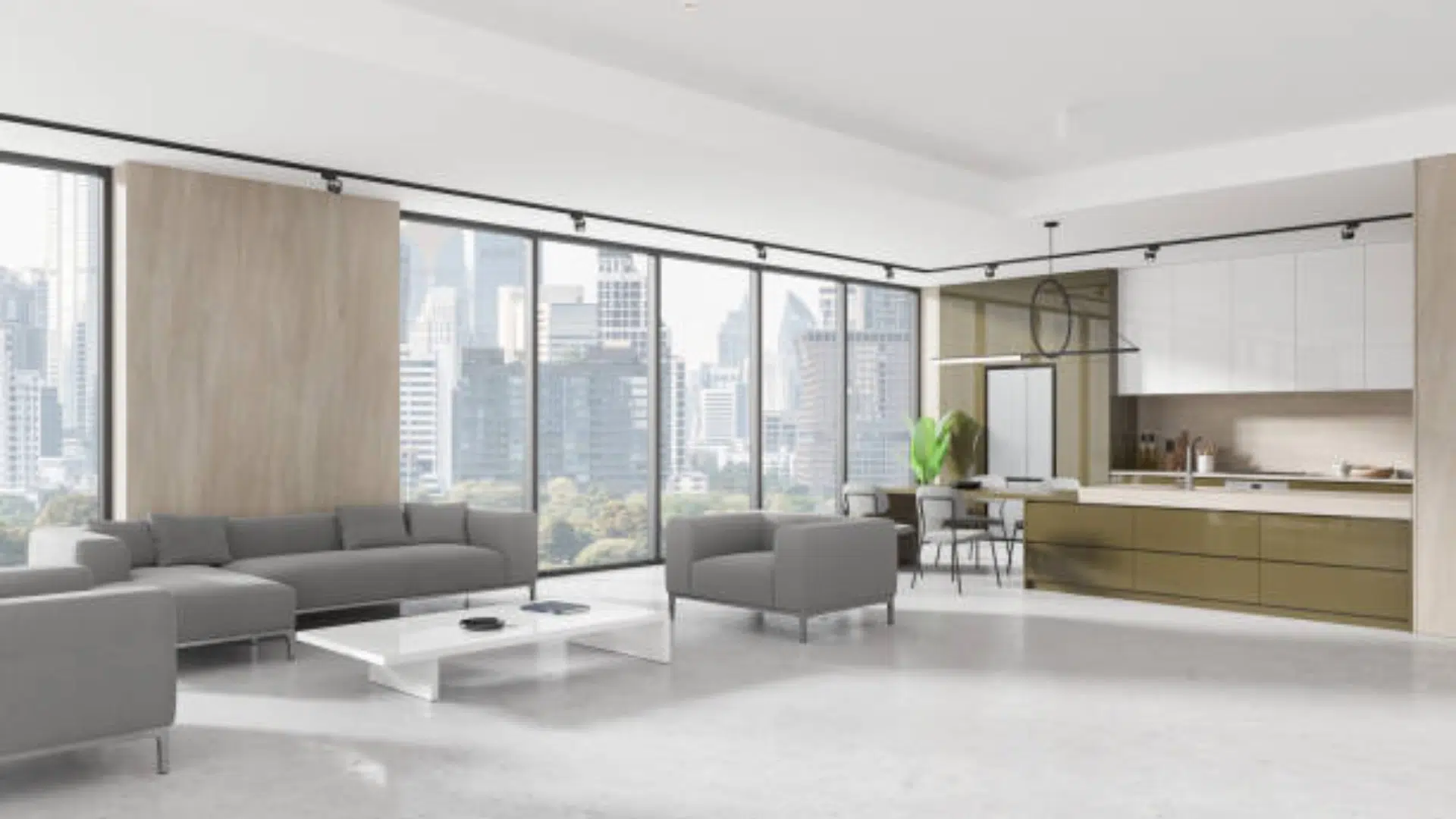 Modern open-concept apartment with city skyline views. Rockbay Construction and Remodeling. -adu contractors