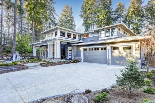Completed modern home surrounded by trees, showcasing new construction homes in California.
