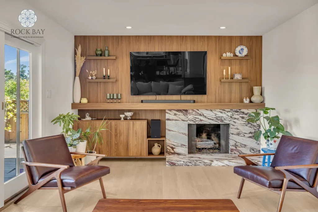 Complete home remodel media wall stone fireplace