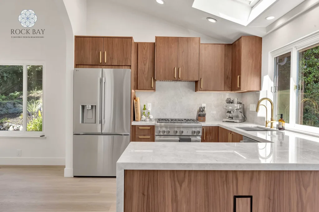 Kitchen remodel wood cabinets waterfall island