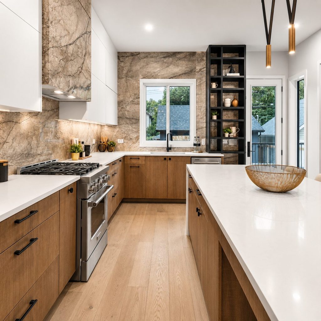 Remodeled kitchen in the Bay Area with wood cabinets, white countertops and a marble backsplash