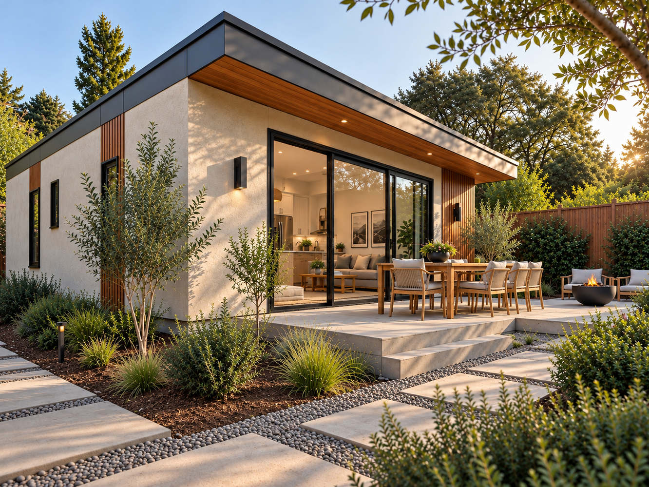Modern backyard home in the Bay Area with sliding glass doors, wood accents and an outdoor patio