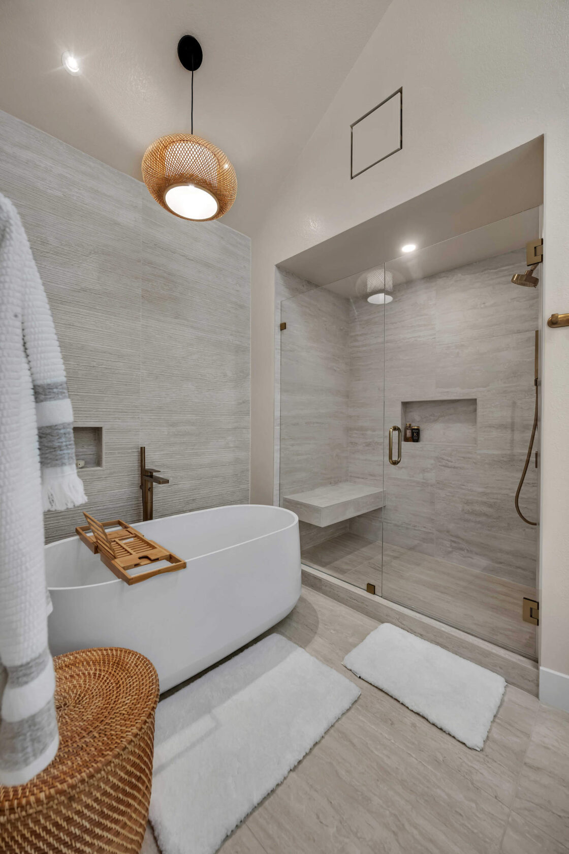 Modern bathroom in the Bay Area with a freestanding bathtub and walk-in shower