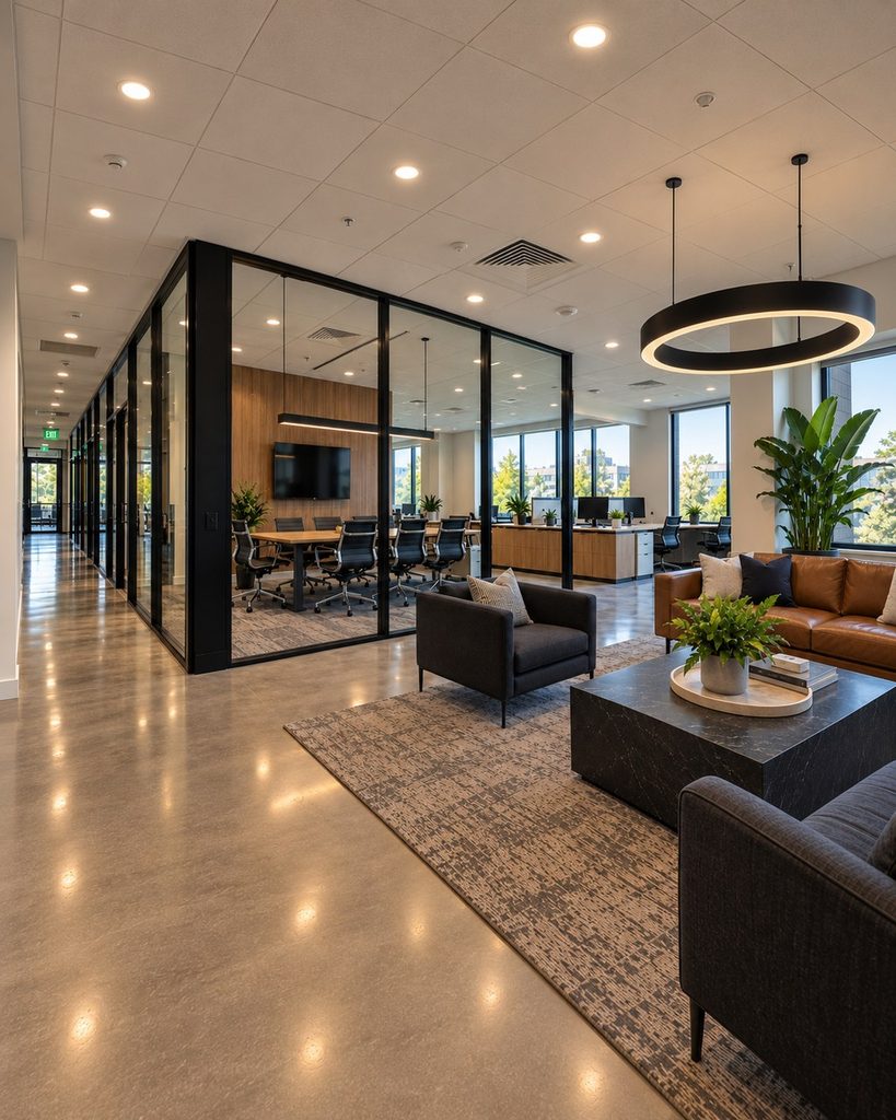 Modern office lounge with seating and a glass-enclosed conference room