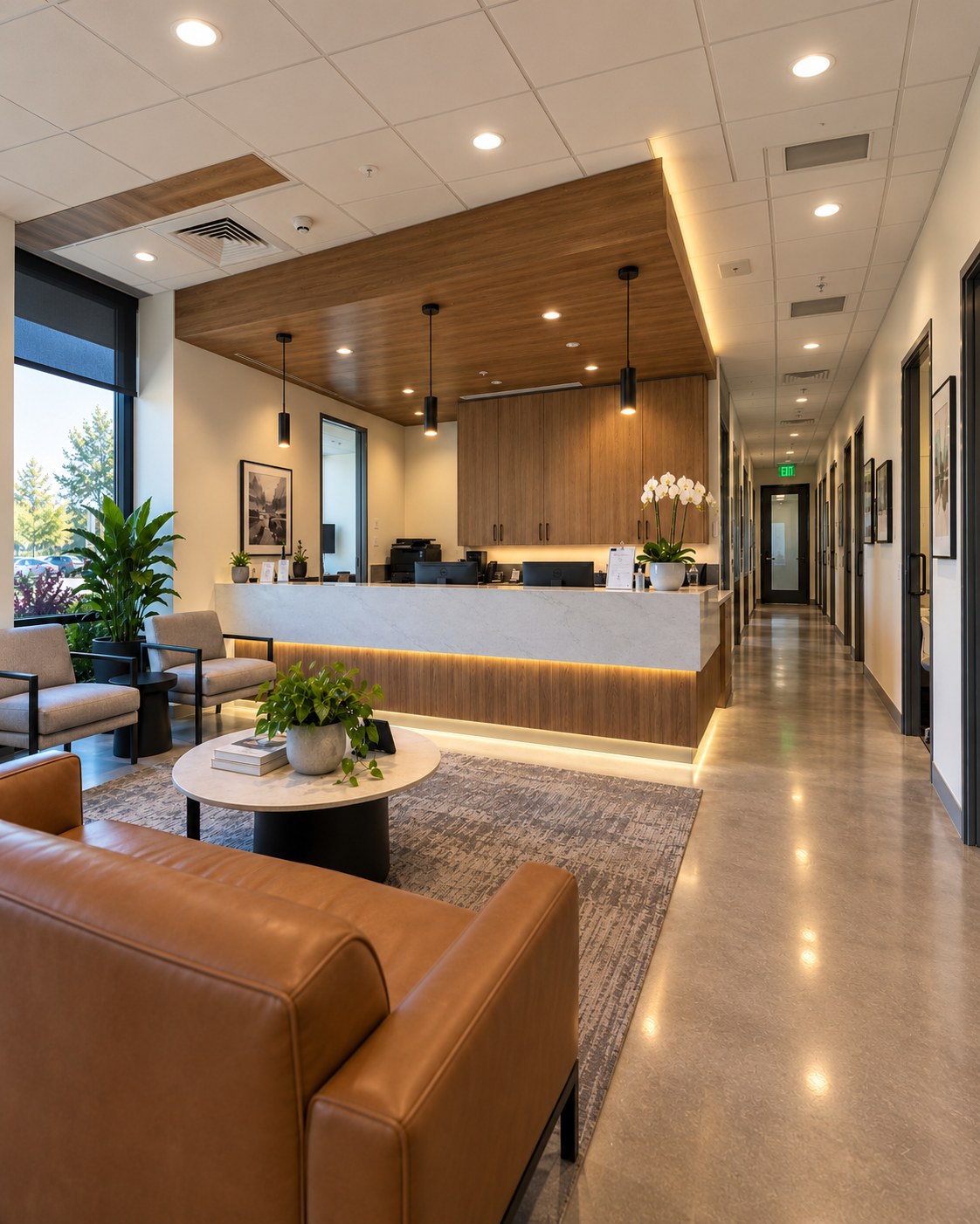 Commercial reception lobby with wood paneling, an illuminated desk and lounge seating