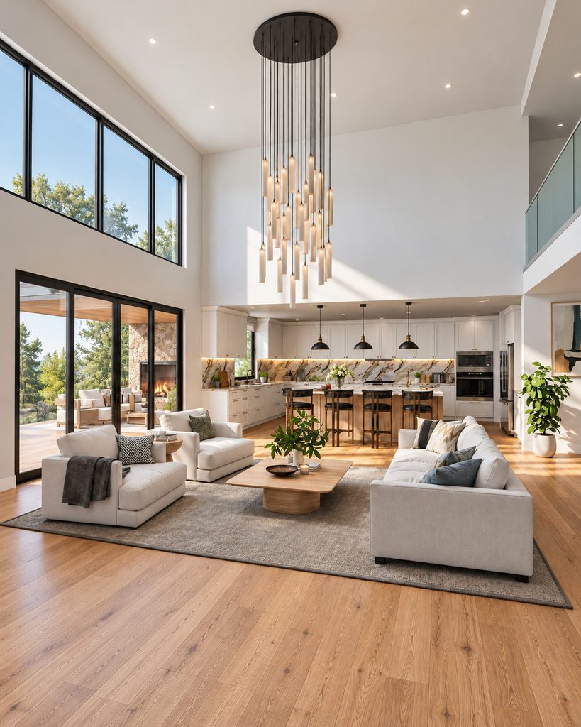 Open-plan living room and kitchen in the Bay Area with double-height windows and wood flooring
